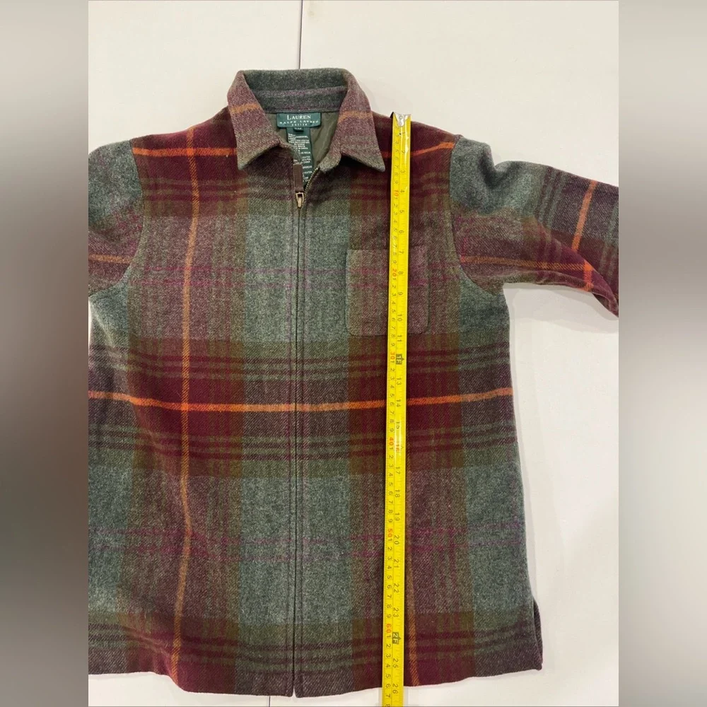 Vintage Lauren Ralph Lauren Petite Tweed Tartan Lamb Wool Leather Elbow Womens M - Picture 10 of 14